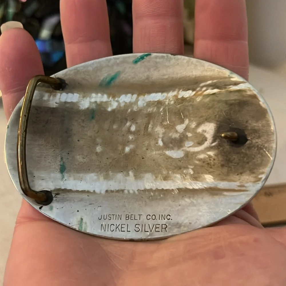 Vintage Justin Belt Co. Nickel Silver western belt buckle